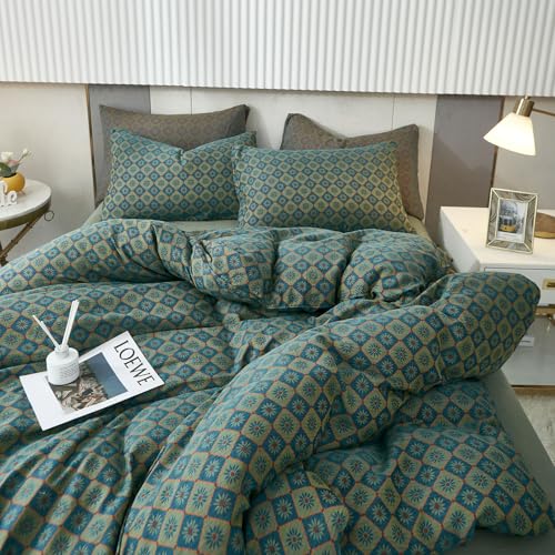 VM VOUGEMARKET Linen Cotton Duvet Cover Queen,3 Pcs Yarn-Dyed Textured Duvet Cover Set Green Flower Geometric Bedding Set,Ultra Soft and Breathable Comforter Cover Set VM VOUGEMARKET