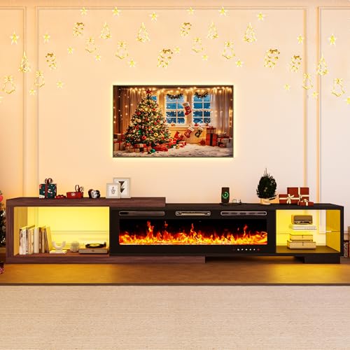 Bvldfamly Fireplace Extendable TV Stand for 120 Inch TV, Modern Entertainment Center with LED Light, Wood Reversible TV Media Console with Power Outlet for Living Room, 71"-116", Black Bvldfamly