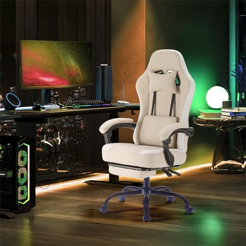 Sweetcrispy Computer Gaming Chair - High Back Ergonomic Desk Chair with Footrest and Lumbar Support, Height Adjustable Task Chair with Linkage Armrests and Headrest, 360° Swivel Wheels, Khaki Sweetcrispy