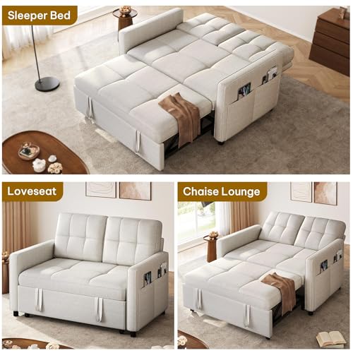 DWVO 55" Convertible Sofa Bed, 3-in-1 Sleeper Sofa with Pull-Out Bed, Linen Futon Couch with Adjustable Backrest and Side Pocket, Modern Loveseat for Living Room Apartment, Light Beige DWVO