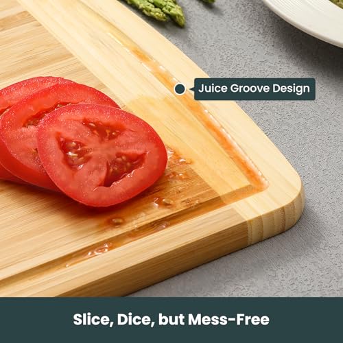 Hiware 3-Piece Extra Large Wooden Cutting Boards For Kitchen, Bamboo Cutting Board with Holder, Wood Cutting Board Set, Heavy Duty Chopping Board for Meat, Serving Tray Set- Two Tone HIWARE