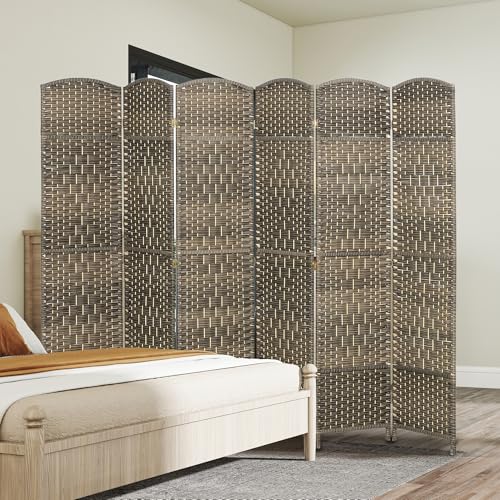 HOMCOM 6 Panel Room Divider, 6' Tall Folding Privacy Screen, Woven Freestanding Wall Partition for Home Office, Bedroom, Dark Rustic Oak HOMCOM