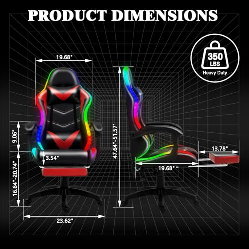 Czlolo Gaming Chair, Racing Style RGB LED Lights Gaming Chairs for Adults and Kids, Lumbar Massager Gamer Chair, High Back Reclining Computer Chair with Footrest and Headrest (Black/Red) Czlolo
