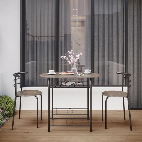 Yaheetech 3 Piece Dining Table Set, Kitchen Table & Chair Sets for 2, Compact Bistro Table Set with Steel Legs, Built-in Wine Rack for Small Space, Apartment, Breakfast Nook, Drift Brown Yaheetech