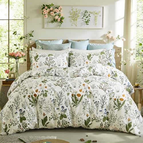 Cozaline Green Comforter Set King, 100% Cotton Reversible Floral Pattern Comforter Set 3 Pcs Soft Cotton Lightweight Comforter All Season Soft & Breathable Green Bedding Set Cozaline