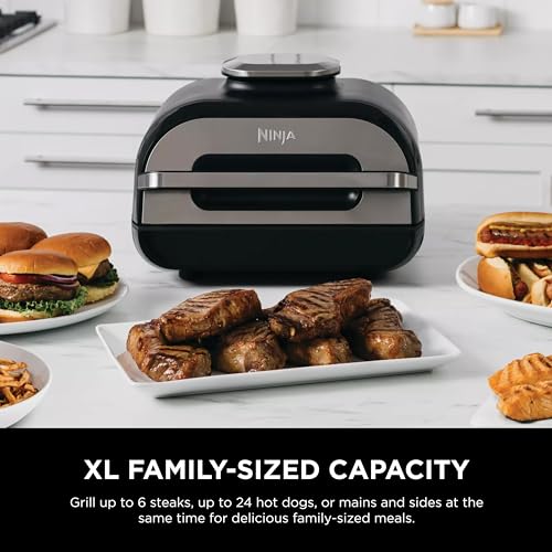 Ninja Indoor Grill, Foodi Smart XL 6-in-1 Indoor Grill with Air Fry, Roast, Bake, Broil & Dehydrate, Smart Thermometer, Black/Silver, FG551 Ninja