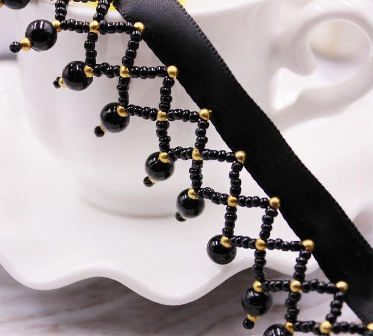 GorinsKani 2 Yard White Black Silk Tassel Gedbkiuce 2 Yard White Black Silk Tassel Fringe Trim Beads Lace Trim Embroidery Lace Fabric Sewing Material Tassels (Black Gold) GorinsKani