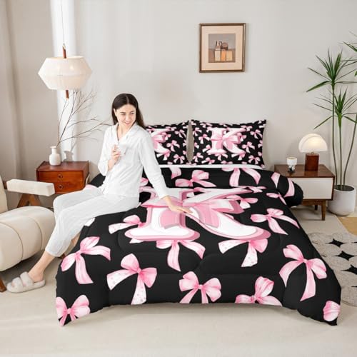 Feelyou Kids Girls Cute Pink Bow Comforter Set Twin Size Initial Letter K Bedding Set Coquette Bow Knot Duvet Quilt Bedroom Monogrammed Decor Personalized Teen Girl Women Gifts Ultra Soft Breathable Feelyou