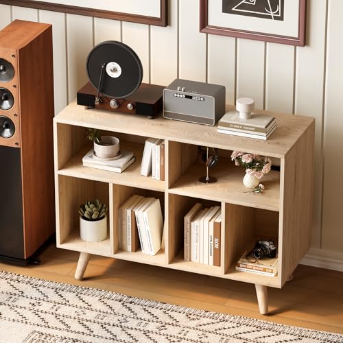 IDEALHOUSE Record Player Stand with Vinyl Storage, 39.5in Large Vinyl Record Holder Player Cabinet Wood Turntable Stand Up to 350 Albums with Charging Station for Living Room, Natural IDEALHOUSE