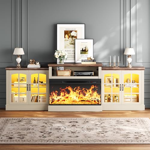 OneBlis 97" Fireplace TV Stand with 36" Electric Fireplace, Farmhouse Entertainment Center for TVs up to 100", Media Console Table with Large Storage Cabinets, for Living Room, White OneBlis