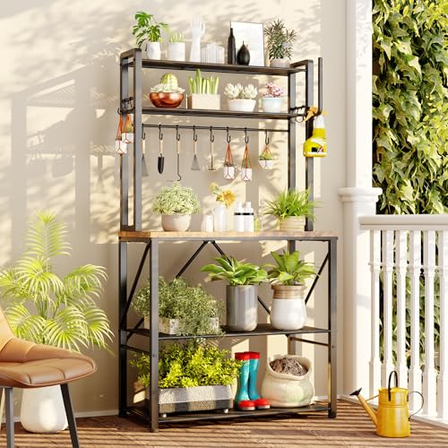 YASONIC Coffee Bar, Bakers Rack with Storage, 25.6 Inches Microwave Stand, 5 Tier Kitchen Shelves Appliance Storage, 12 S Hooks Large Coffee Station for Spices, Pots and Pans, Rustic Brown