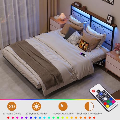 HAUSOURCE Twin Size Floating Bed Frame with Storage Headboard Metal Platform Bed Frame with LED Lights and Charging Station Easy Assembly No Box Spring Needed HAUSOURCE