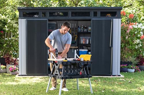 Keter Artisan 11x7 Modern Resin Outdoor Storage Shed Kit-Perfect to Store Patio Furniture, Garden Tools Bike Accessories, Beach Chairs and Lawn Mower, Grey & Black Keter