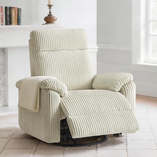 KISLOT Swivel Rocker Recliner for Adults, Corduroy 360 Degree Swivel Glider Recliner Manual 3-Position Adjustable Easy Assembly for Small Space Living Room Nursery Bedroom