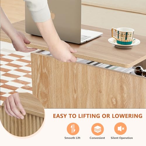 Wooden Fluted Lift Top Coffee Table with Hidden Compartment, Modern Rectangle Center Tables with Adjustable Storage Shelf, Lift Tabletop Dining Table for Home Living Room Office(Natural) XUZENEST