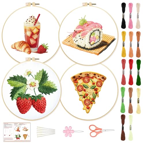 BEUNITONE 4 Set Strawberry Embroidery Kit for Beginners, Food/Drink Needlepoint Kits for Adults with Hoops, Instructions and Full Kit, Personalized Hand Embroidery Patterns for Cloth and Home Decor