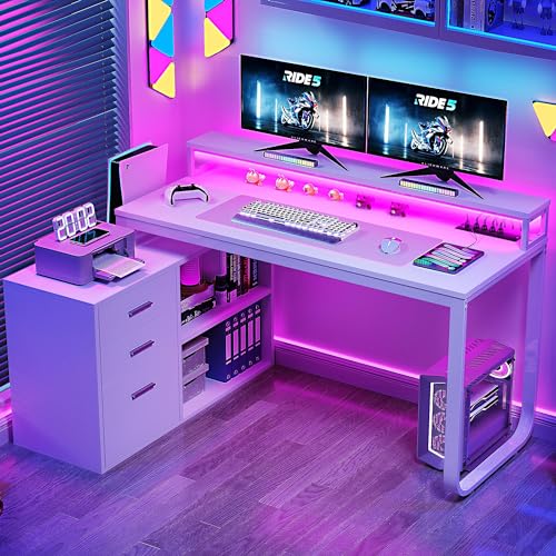 YITAHOME L Shaped Desk with Drawers, 55" Corner Computer Desk with Power Outlets, L-Shaped Desk with LED Lights & File Cabinet for Home Office, White