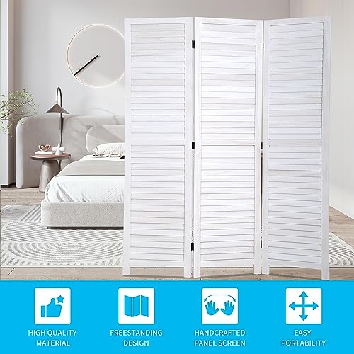 BLKMTY Room Divider 3 Panel Privacy Screen Folding Screen 5.6ft Tall Wood Screens Dividers Freestanding Portable Partition Wall Divider Space Seperate Indoor Home Furniture for Bedroom, White BLKMTY