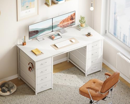 ODK 48 Inch White Computer Desk with 8 Fabric Drawers, Modern Office Desk with Large Storage for Home Office, Study, Gaming, White ODK