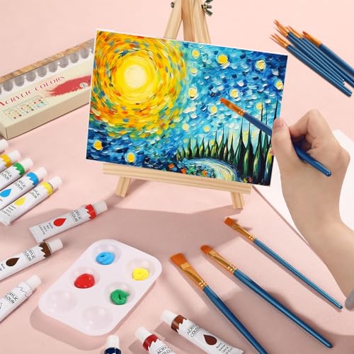 ESRICH 26PCS Acrylic Paint Set with 12Colors Acrylic Paints (12ml, 0.4 oz), 10 Paint Brushes, 2Canvas, 1 Wood Easel, 1 Plate, Painting Supplies Kits for Kids, Adults, Artists and Beginners ESRICH