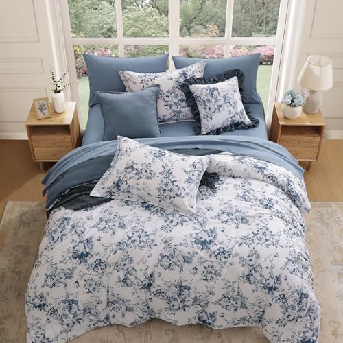 BLOOMHAVEN Queen Comforter Set -7 Pieces Floral Blue Comforter Set for All Seasons, Bed in a Bag Queen with Botanical Flowers Comforter, Sheets, Pillowcases & Shams BLOOMHAVEN