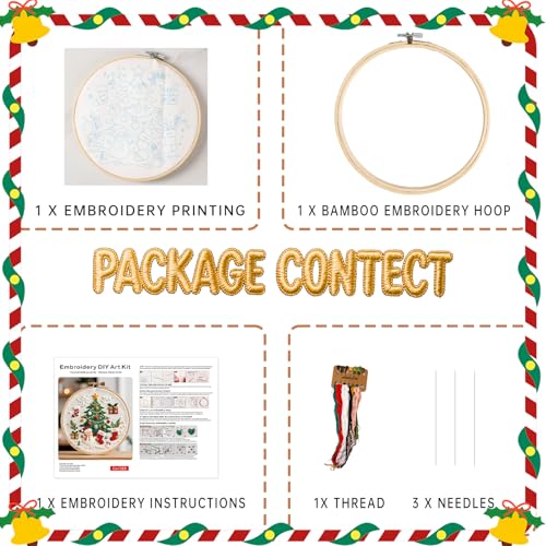 TUIFOQU Christmas Embroidery Kit, 4 Pack Beginner Embroidery Kit for Adults, Including Pattern, Needles, Cotton Threads and Instructions