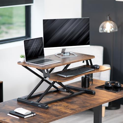 VIVO 32 inch Desk Converter, K Series, Height Adjustable Sit to Stand Riser, Dual Monitor and Laptop Workstation with Wide Keyboard Tray, Vintage Brown Top, Black Frame, DESK-V000KN VIVO