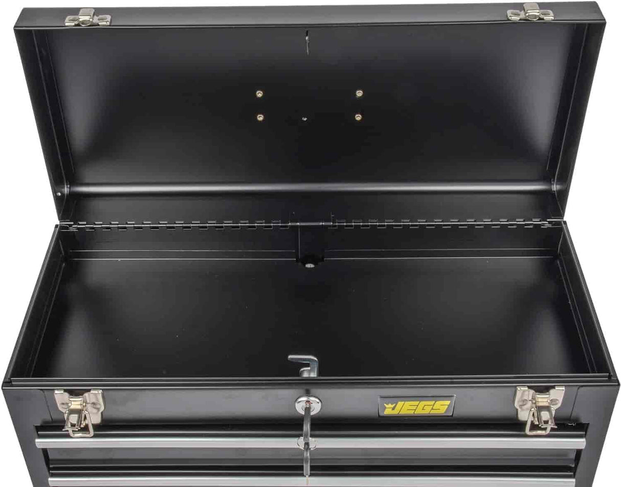 JEGS 3-Drawer Toolbox - Metal Toolbox with Ball-Bearing Drawer Slides - Rust-Resistant Latches - Black Powder Coat Finish - Includes Lock and Keys JEGS