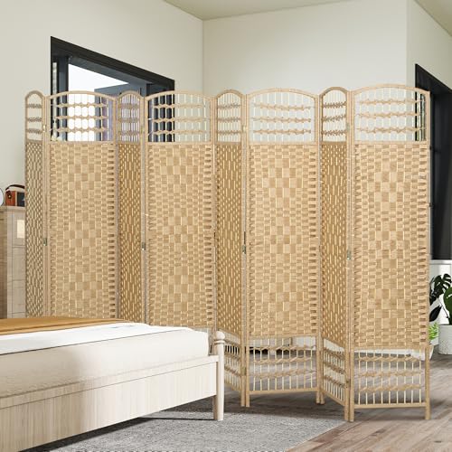 HOMCOM 8 Panel Room Divider, Folding Privacy Screen, 5.6' Room Separator, Wave Fiber Freestanding Partition Wall Divider, Natural HOMCOM