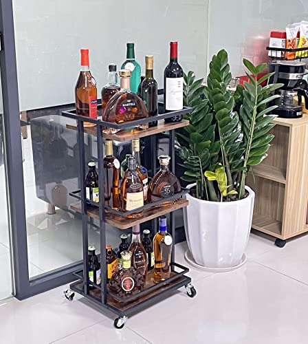 OKZEST 3 Tier Bar Cart for Home, Rolling Mini Liquor Bar for Wine Beverage Dinner Party, Utility Kitchen Storage Island Serving Cart on Wheels, Coffee Bar Cabinet for Kitchen Dining Living Room, Brown OKZEST