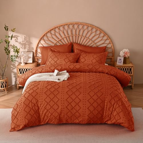 Manyshofu 5Pcs Boho Full Duvet Cover Set - Tufted Burnt Orange Duvet Cover Pattern, Shabby Chic Boho Bedding Set Textured Comforter Covers with Embroidery Pillow Shams Manyshofu
