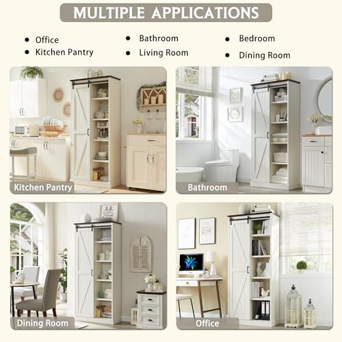 Aitjunz 72” Tall Farmhouse Bookshelf, 32” Wide Large Wooden Bookcase with Sliding Barn Door, 5-Tier Storage Cabinet with Adjustable Shelves, Modern Versatile Cabinet for Living Room, Bedroom, White Aitjunz