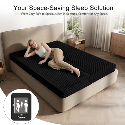 MeMoreCool Convertible Sofa Bed, Folding Floor Couch Bed Queen, Pull Out Sleeper Couch with Pillows, Fold Out Futon Sofa for Bedroom Living Room Small Space, Corduroy Black MeMoreCool