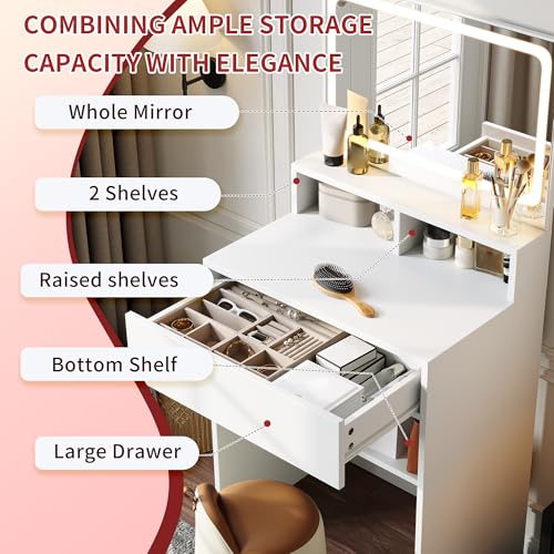 Dowinx Small Vanity Desk with Mirror and Lights, Small Makeup Vanity Desk with LED Lighted Mirror, Makeup Table with 3 Lighting Modes & Adjustable Brightness, Dressing Table for Women Girls Bedroom Dowinx