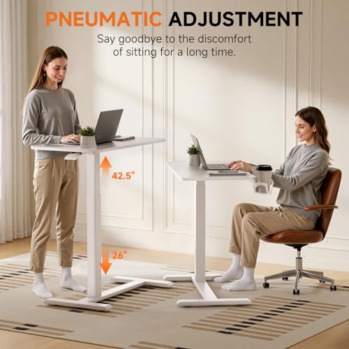 GTPLAYER Small Standing Desk with Hidden Wheels, Pneumatic Mobile Rolling Laptop Desk, Adjustable Height Overbed Bedside Table Computer Workstation for Home Office (28" W x 16" D, White) GTPLAYER