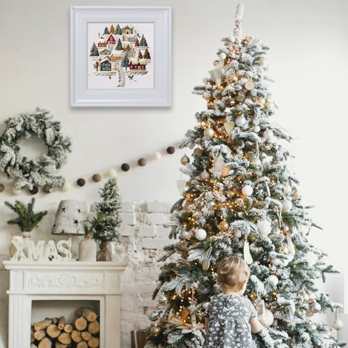 FONNUY Crewel Christmas Embroidery Kit for Beginners, Cross Stitch Set Winter Snow Scene Pine Owl Pattern for Adults, Easy to Follow Color Thread Needlework, 8'' Hoop (Tree and House 1)