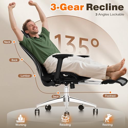 GABRYLLY Ergonomic Office Chair with Footrest, 135° Reclining Desk Chair with Adjustable Lumbar Support,3D Armrest,Headrest & Large Steel Base, 300LBS Heavy Duty Mesh Chair GABRYLLY