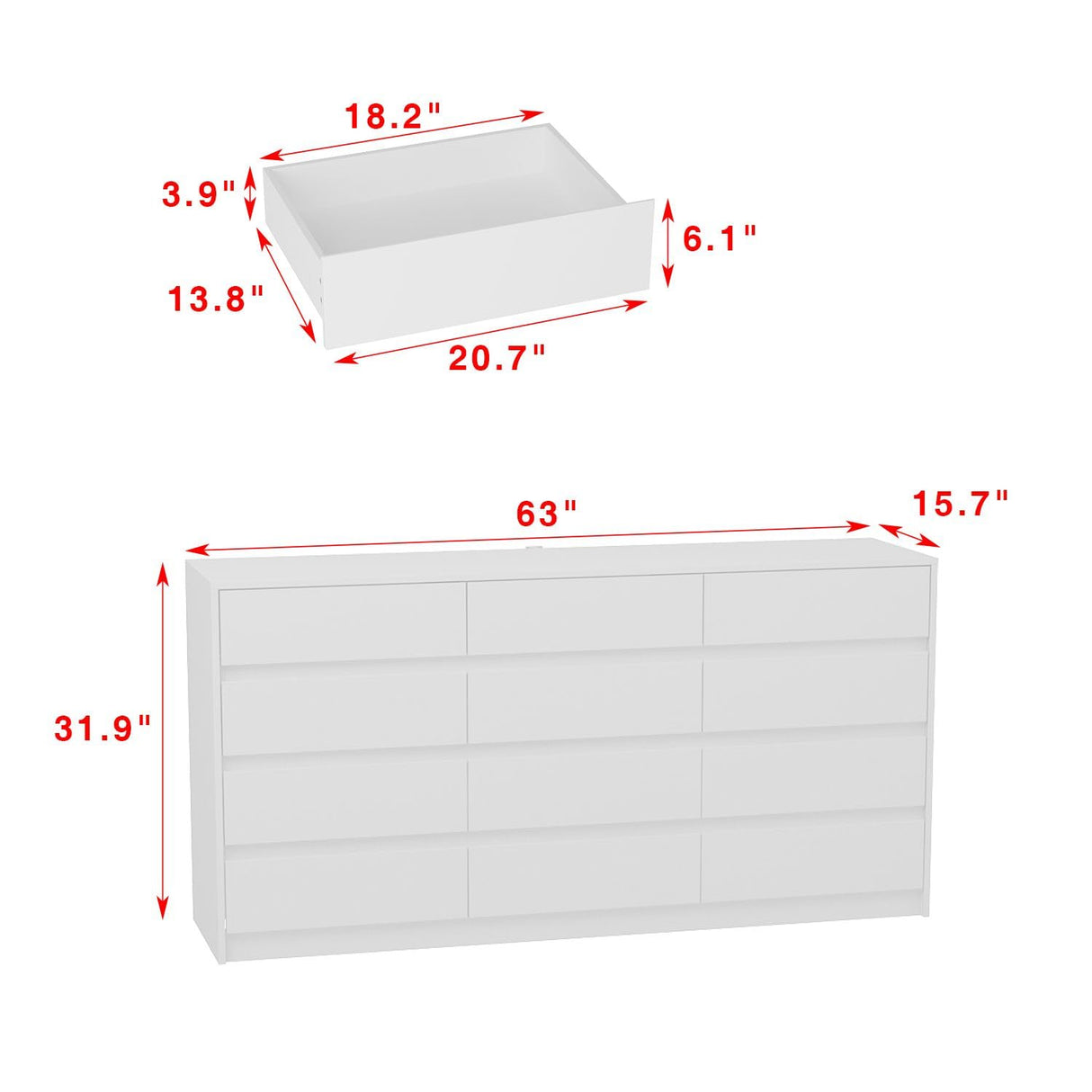 FAMAPY Chest of Drawers White 12 Drawer Dresser No Handle, Modern Contemporary 12-Drawer Cabinet Dresser for Bedroom (63" W x 15.7" D x 31.9" H) FAMAPY