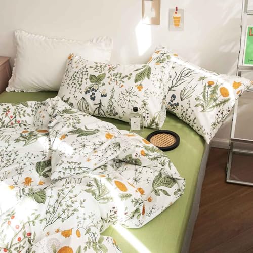 ETDIFFE Green Floral Queen Size Comforter Set, 3pc Flower Printed Soft Bedding Set, All Season Lightweight Botanical Pattern Bed Comforter, White ETDIFFE
