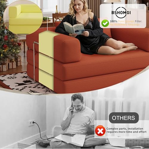 BSHOMGI Folding Sofa Bed, 4 in 1 Convertible Sofas to Lounger Comfy Single Bean Bag Chair Floor Portable Foldable Sleeper Lazy Futon Couch Chair for Bedroom, Living Room (Orange, 53.15" Double Sofa) BSHOMGI