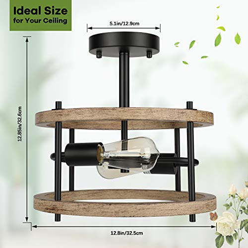 Lakumu 2-Light Retro Semi Flush Mount Ceiling Light Fixture, Rustic Vintage Wood Ceiling Light Black Metal, Industrial Farmhouse Ceiling Lamp for Hallway Entryway Bedroom Balcony Farmhouse Dining Room Lakumu