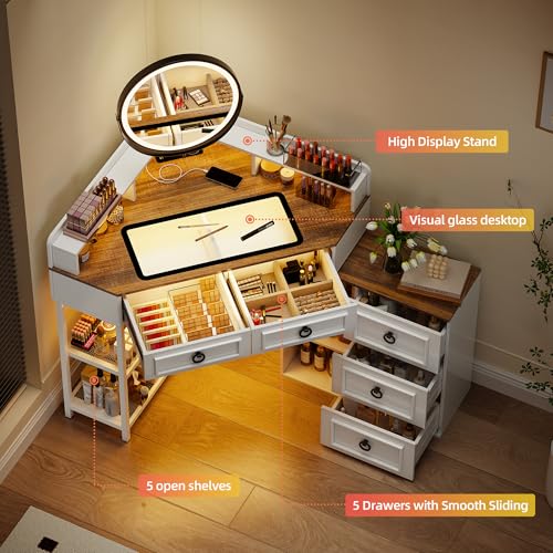 MDGC Corner Vanity Desk with Rotating Mirror and Lights,Glass Top Makeup Vanity with Human Body Senor&Charging Station,LED Vanity Table Set with 5 Drawers and Shelves for Bedroom MDGC