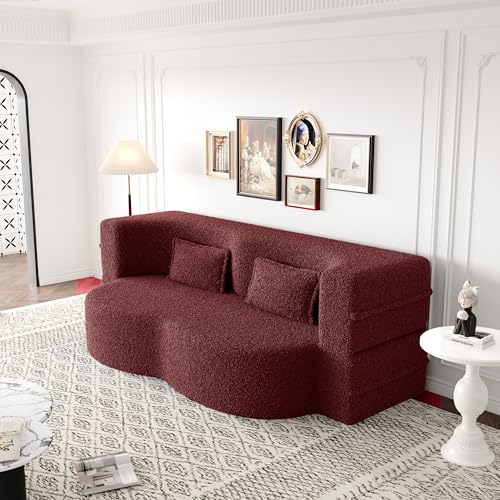 78" Oversized Convertible Folding Sleeper Sofa Bed, Fold Out Floor Lounge Sofa Couch with Curved Design, Cloud Teddy Fleece Upholstered Foldable Mattress Couch Cozy Sofabed for Living Room Eafurn