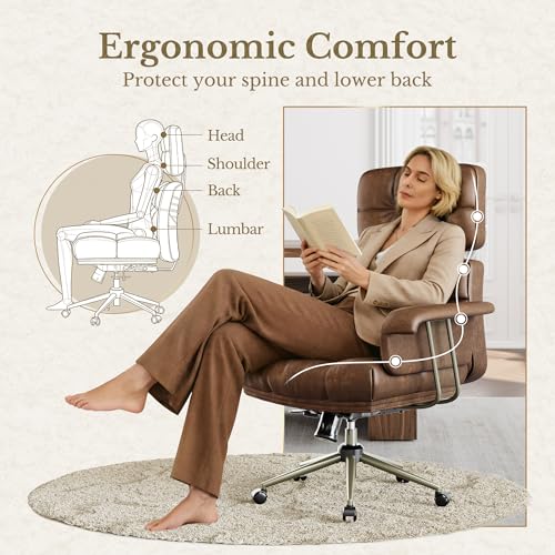 Perledesign Executive Leather Office Chair - Brown Ergonomic Desk Chair with Thick Cushion & Lumbar Support, Comfy Mid Century Modern Swivel Computer Chair for Home Office Perledesign