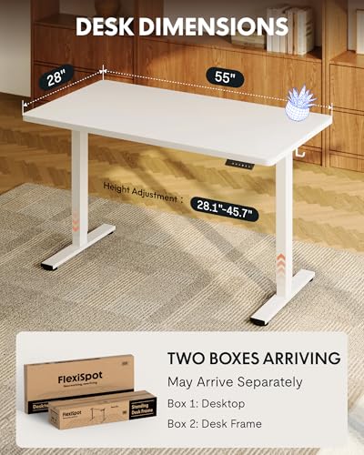 FLEXISPOT EN1 One-Piece Standing Desk with 1-Inch Thick Seamless Desktop, 55"x28" Electric Height Adjustable Desk for Home Office, Multi-Monitor Setups & Easy Assembly, White FLEXISPOT