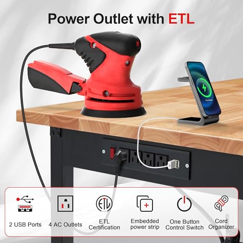 Antifir 48'' Adjustable Workbench with Power Outlets, Rubber Wood Top Heavy Duty 2000 LBS Load Capacity Workstation for Garage, Workshop, Commercial,Office,Home Antifir