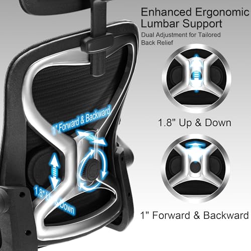 Ergonomic Office Chair, Mesh Desk Chair with Headrest, Lumbar Support, Thick Seat Cushion, Flip-up Arms, High Back Computer Task Chairs for Home Office (English, Black/Silver) CASASIO