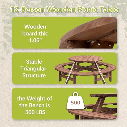 RocVanc 8-12 Person Outdoor Round Wooden Picnic Table with 8 Built-in Benches, Umbrella Hole, Lifetime Outside Table and Bench Set for Garden, Backyard, Porch, Patio and Deck RocVanc