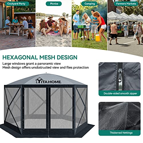 YITAHOME 12x12ft Camping Gazebo, Portable Pop Up Canopy Outdoor Screen Tent 6 Sided with Mesh Windows and Carry Bag for Camping, Picnic, Backyard Party Outside Activities, Gray YITAHOME