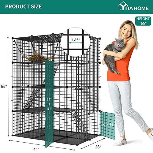 YITAHOME Large Cat Cage Indoor Enclosure Metal Wire 4-Tier Kennels DIY Cat Playpen Catio with Large Hammock for 1-3 Cats YITAHOME